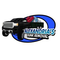 A logo for alexandria 's junk removal with a truck and a dumpster.