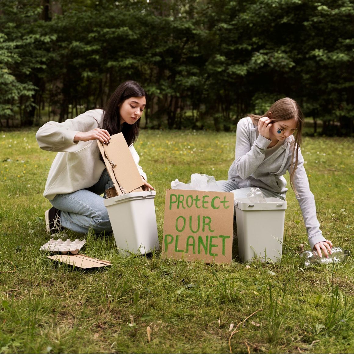 2 girls picking trash from grass.
