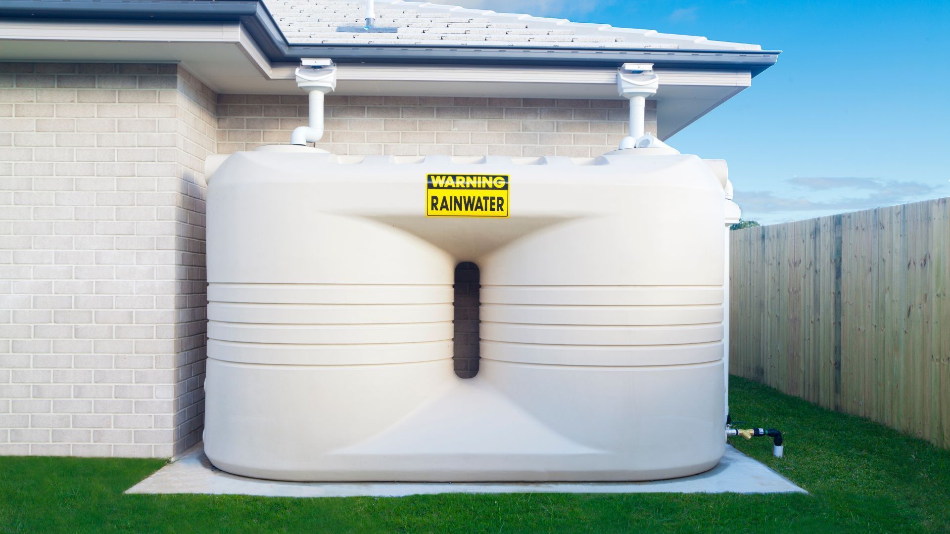 Beige rectangular water tank next to a house with gutters, on a concrete base. Green lawn and wooden fence in the background. — BB & F Constructions Pty Ltd In Taree, NSW