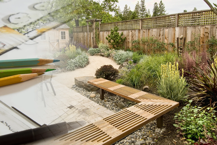 A drawing of a garden with a wooden bench in the foreground