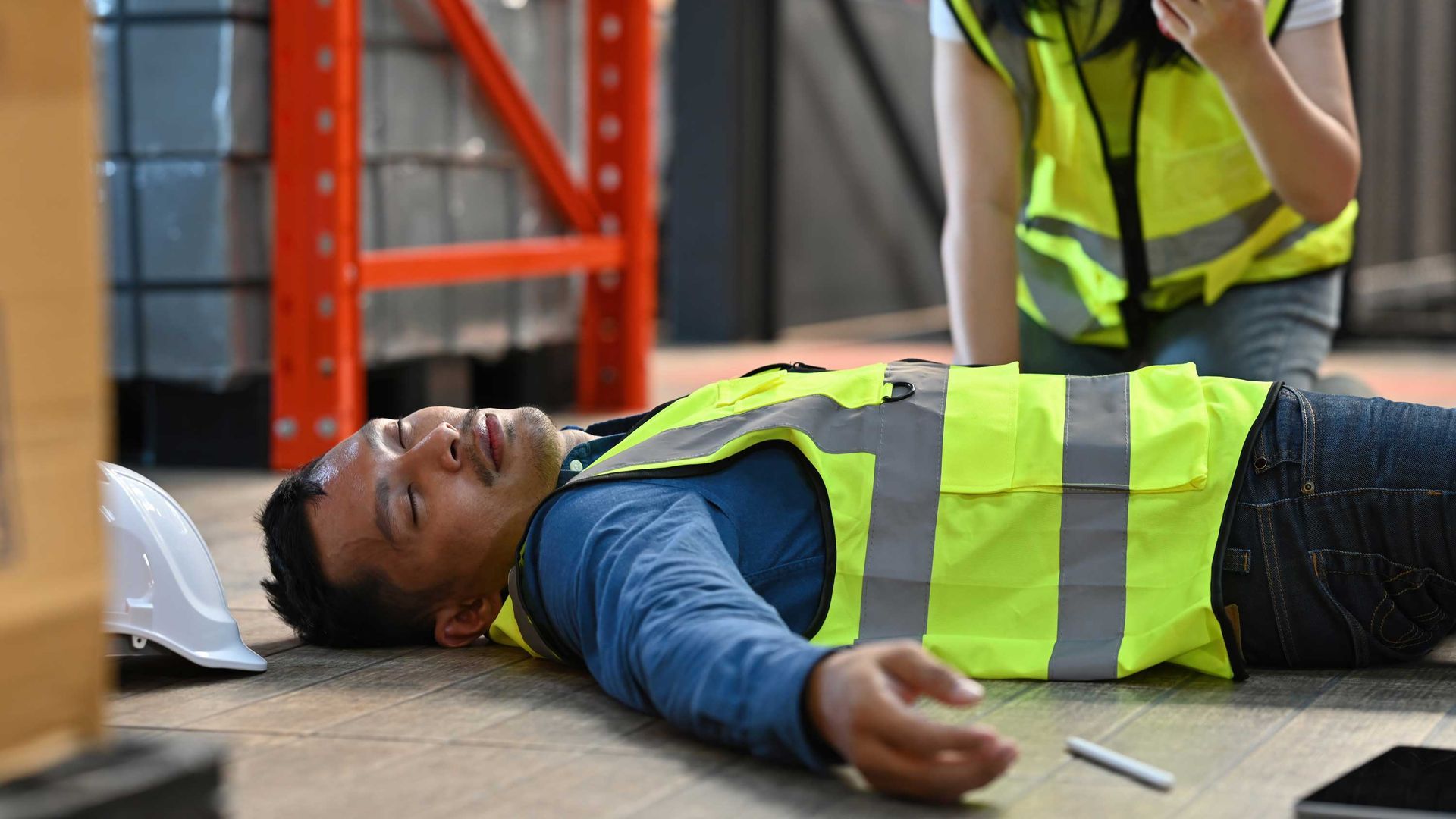 View of a construction worker who fell on the job site.