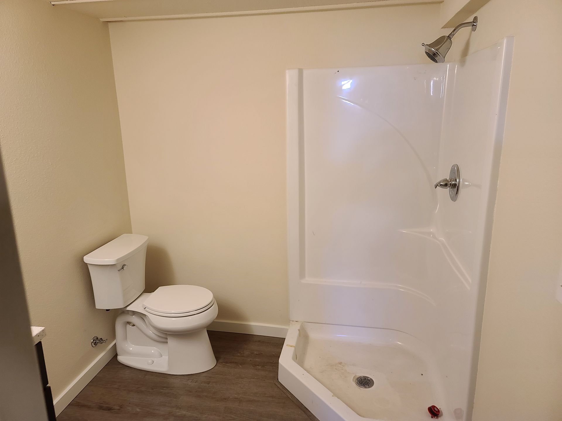 Bathroom with a white toilet and shower against beige walls. Dark wood-look floor.