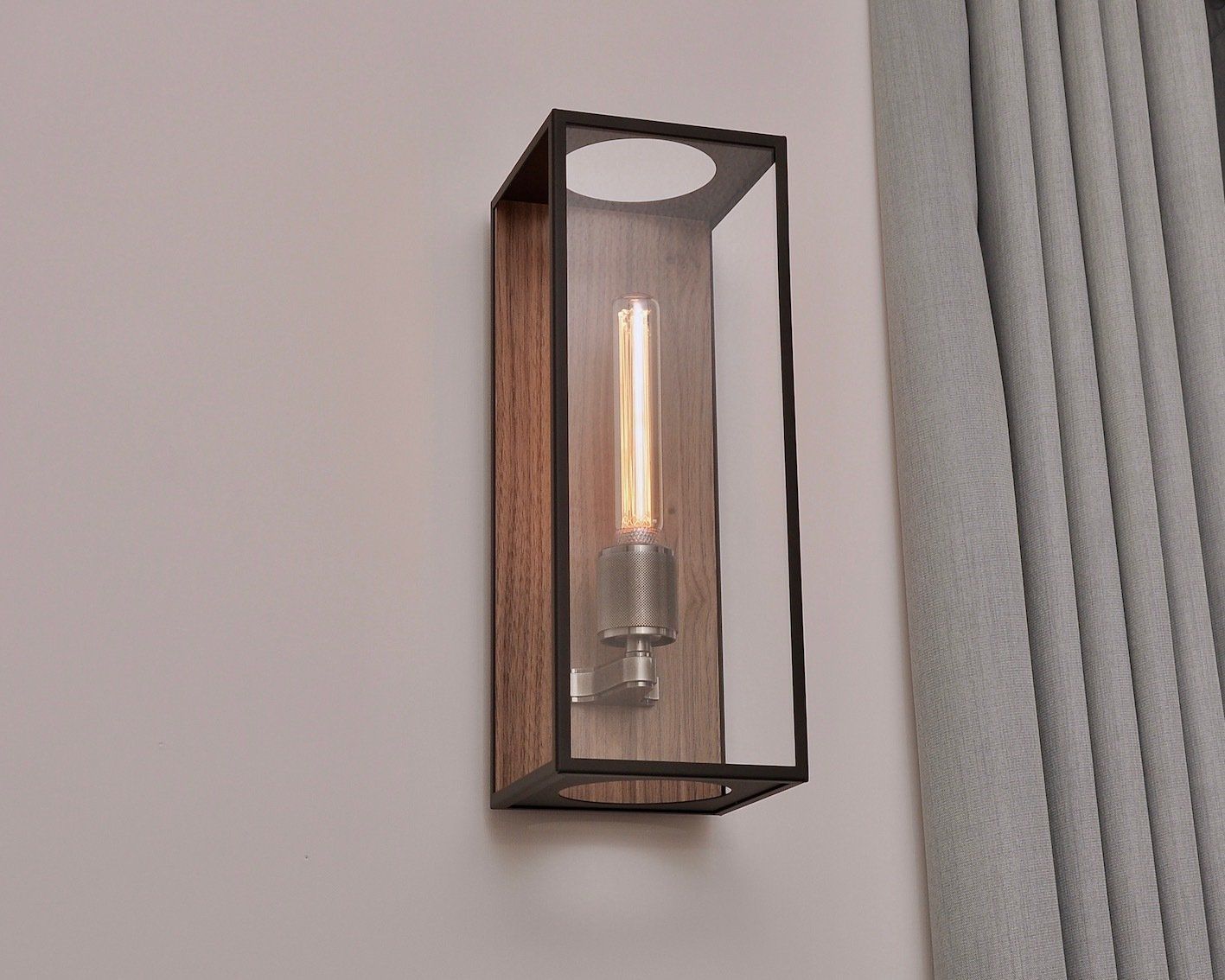 Berlin Tall Wall Light in Matt Black with Walnut Back Panel