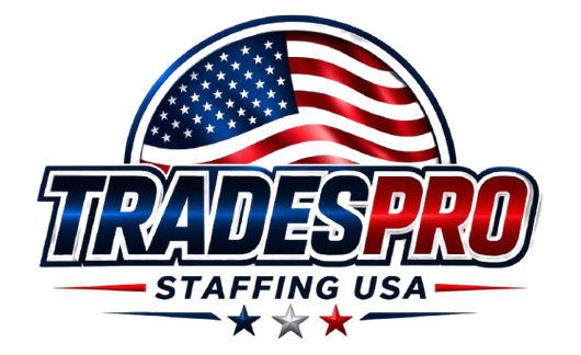 Logo for TradesPro Staffing USA featuring a stylized American flag arc above bold text and three small stars.