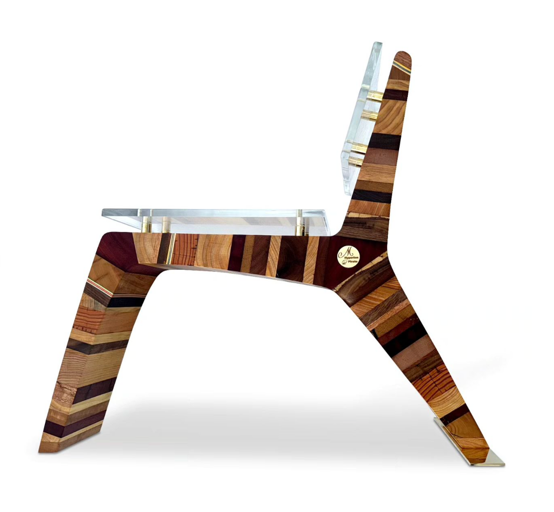 Side view of a modern chair made of layered wood in various colors, with a clear acrylic seat and back.