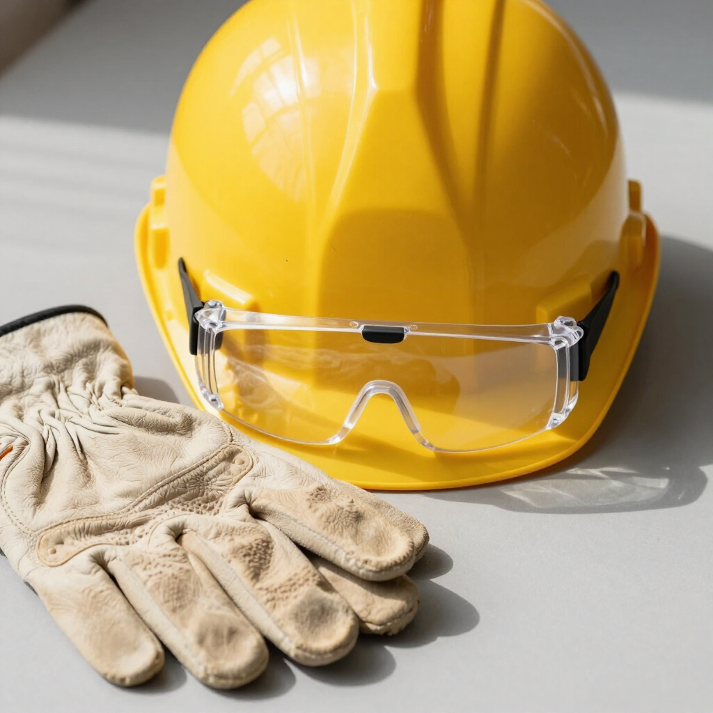 EPP industrial: casco, lentes y guantes en primer plano