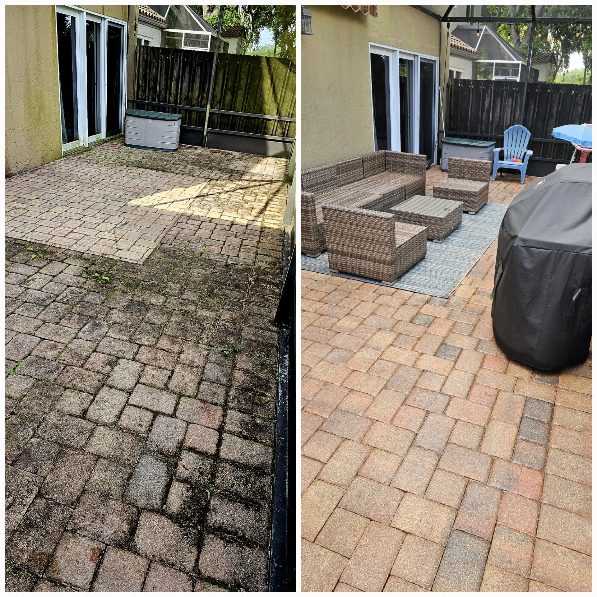 A before and after picture of a patio with wicker furniture.