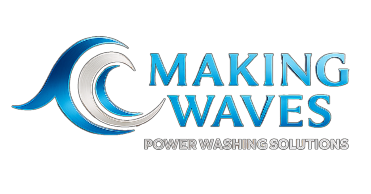A blue and white logo for making waves poster washing solutions