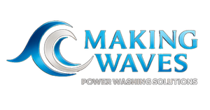 A blue and white logo for making waves poster washing solutions