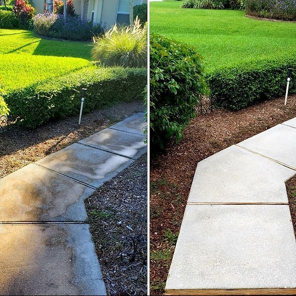 A before and after photo of a sidewalk in a yard.