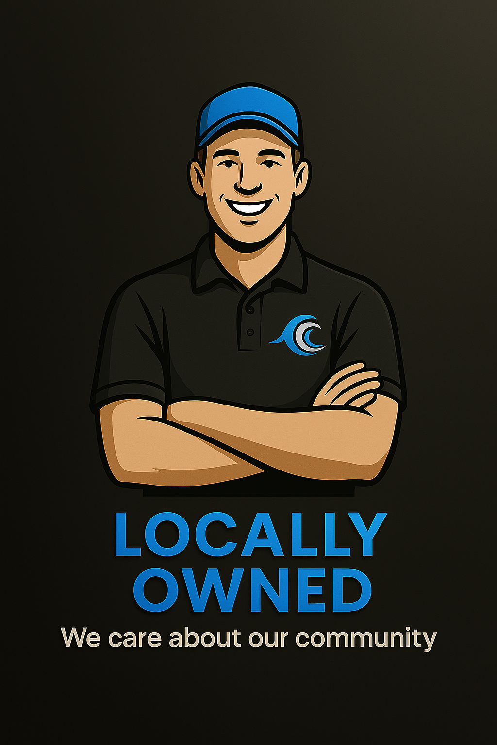 A man with his arms crossed is wearing a shirt that says locally owned