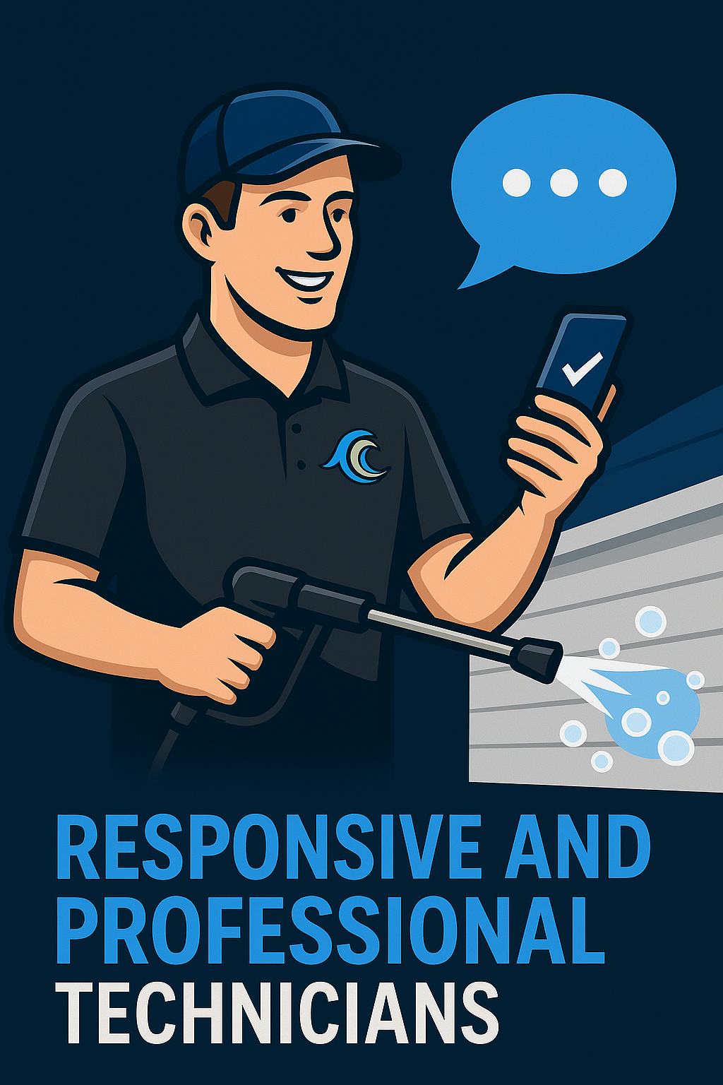 A cartoon of a man holding a cell phone and a pressure washer.
