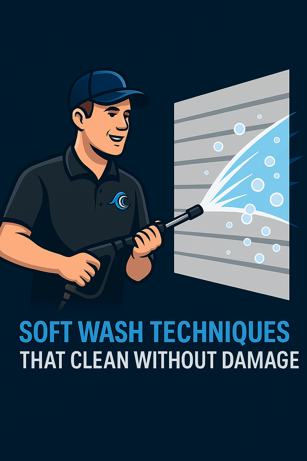 A man is using a high pressure washer to clean a wall.