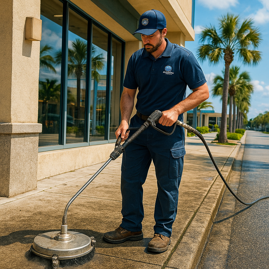 A man is using a pressure washer to clean a sidewalk
