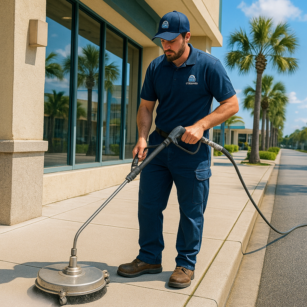 A man is cleaning a sidewalk with a machine