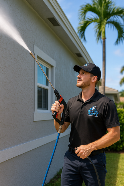 A man is cleaning the side of a house with a pressure washer.