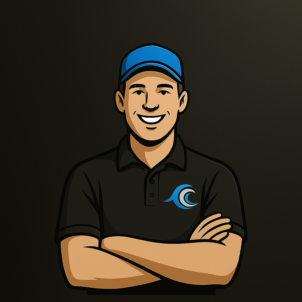 A cartoon of a man wearing a blue hat and a black shirt with his arms crossed.