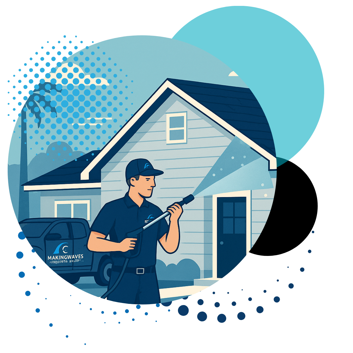 A man is cleaning a house with a high pressure washer.