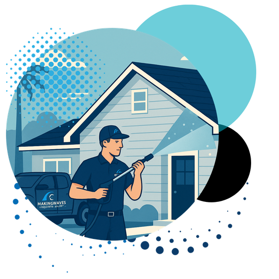 A man is cleaning a house with a high pressure washer.