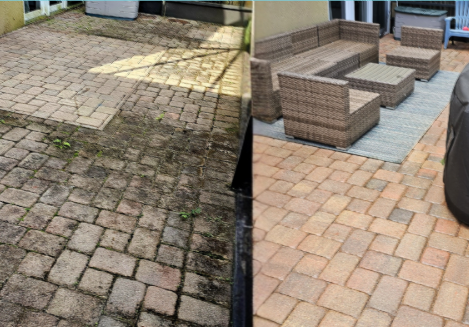 A before and after photo of a patio with wicker furniture.