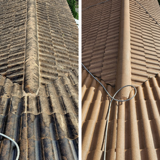 A before and after picture of a tiled roof