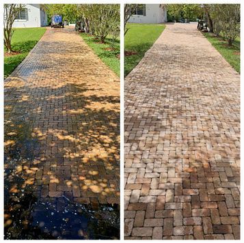 A before and after photo of a brick driveway being cleaned.