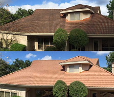 A before and after picture of a house with a tile roof.