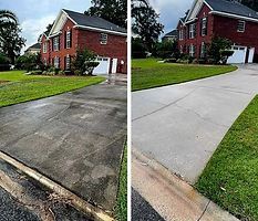 A before and after picture of a driveway being cleaned.