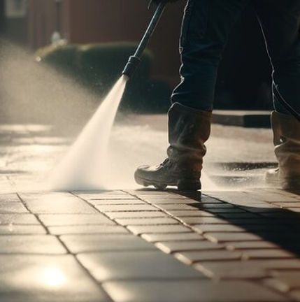 A person is using a high pressure washer to clean a brick sidewalk.