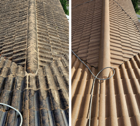 A before and after picture of a tiled roof