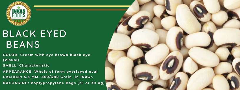 Primer plano de frijoles de ojo negro con un panel verde que describe sus características.