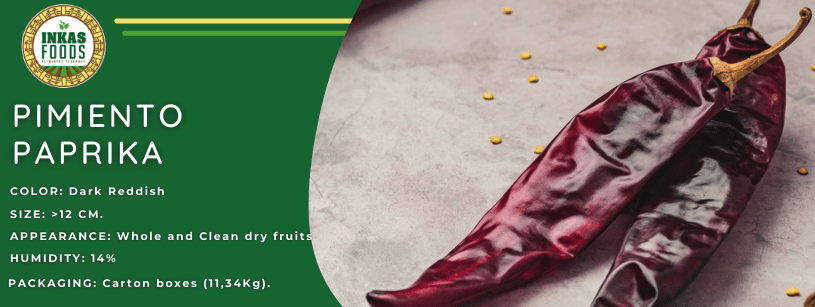 Etiqueta para pimiento paprika, con pimientos rojos secos y detalles del producto: color, tamaño, aspecto, humedad y envasado.