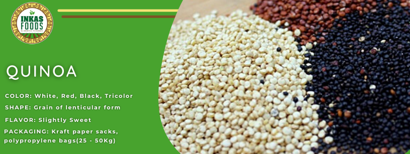 Granos de quinua en variedades blanca, marrón y negra con fondo verde que contiene información del producto.