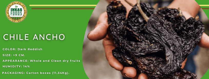 Manos sosteniendo chiles anchos secos. Fondo verde con texto sobre los chiles.