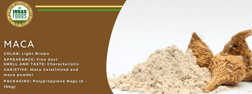 Polvo y raíces de maca con etiqueta. El polvo es de color canela, las raíces son marrones. La etiqueta es marrón con texto blanco.