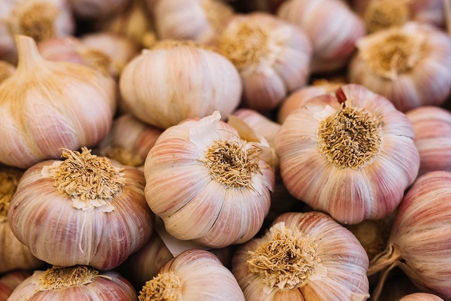 Primer plano de una pila de bulbos de ajo, de color blanco roto con vetas violáceas y extremos de raíces marrones.