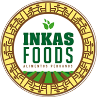 Logotipo de Inkas Foods, texto verde y hojas sobre un gráfico de campo, enmarcado por un diseño amarillo.