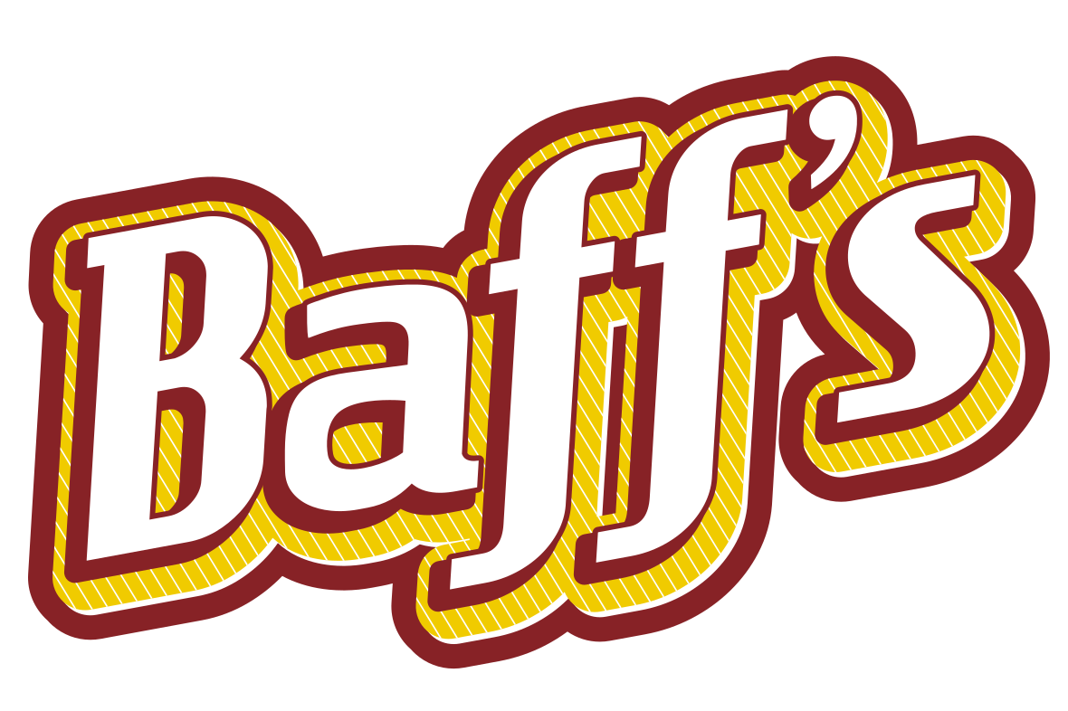 Logotipo da Baff com texto branco contornado em dourado e borda marrom.