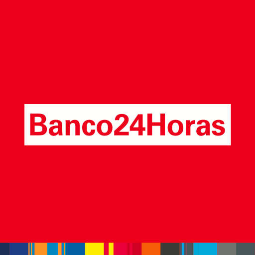 Logotipo do Banco24Horas sobre fundo vermelho com um retângulo branco.