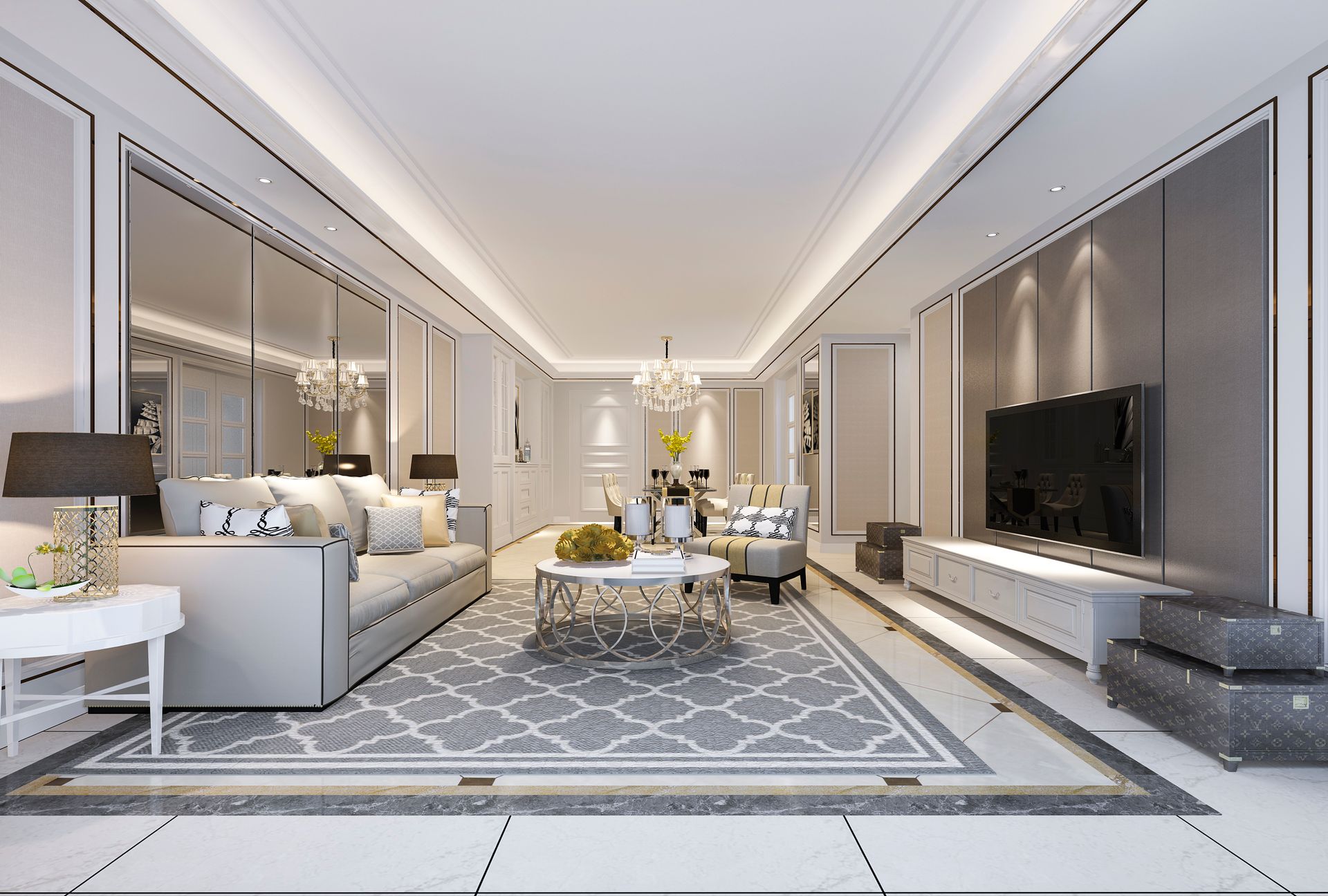 A living room with a couch , chairs , table , and television.