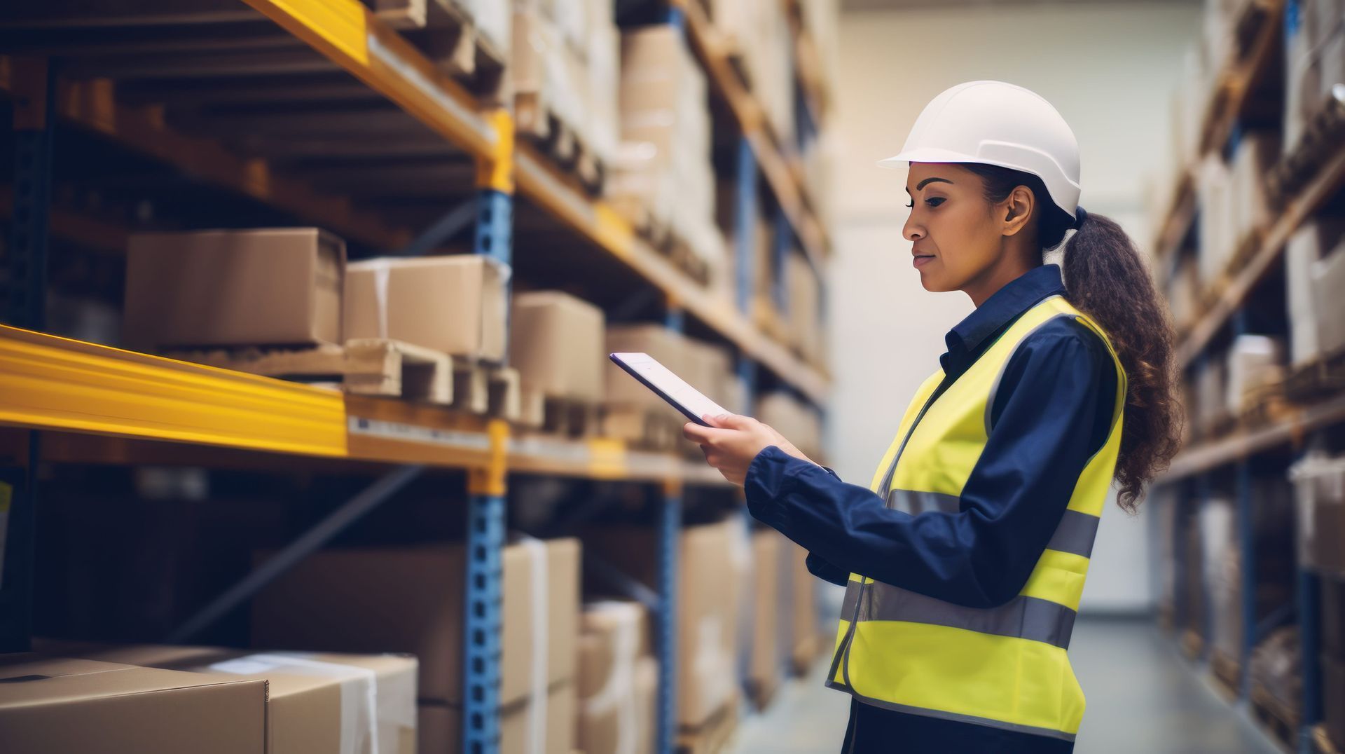 A warehouse worker in a hard hat and high-visibility vest checks a tablet while walking through warehouse aisles.