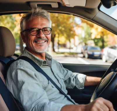 A smiling person wearing glasses and a collared shirt drives a car on a sunny day.