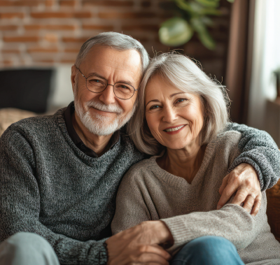 A smiling couple sits closely together, embracing in a cozy indoor setting with a blurred brick wall in the background.