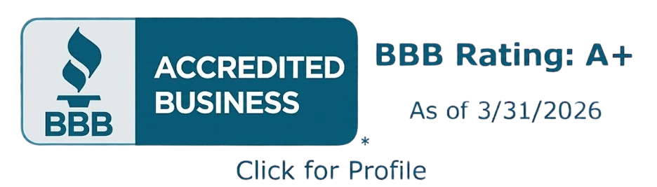 BBB Accredited Business logo with an A+ rating as of 3/31/2026 and a link to the company profile.