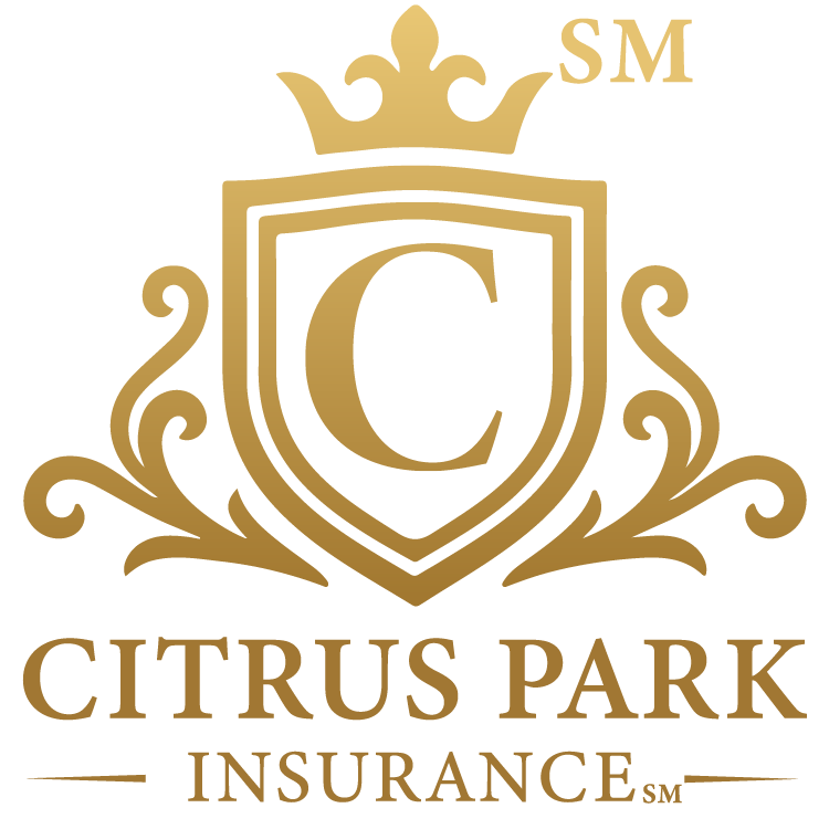 Gold logo for Citrus Park Insurance featuring a shield with a central 'C' topped with a crown and decorative flourishes.