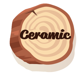 Ceramic text on a brown wood slice graphic.