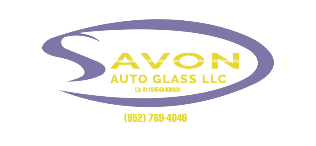 Logo for Avon Auto Glass LLC with a purple oval, yellow text, and phone number.