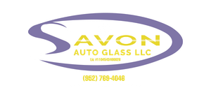 Logo for Avon Auto Glass LLC with a purple oval, yellow text, and phone number.