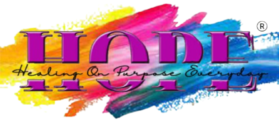 Logo for HOPE: purple text over colorful paint strokes, with "Healing On Purpose Everyday" below.