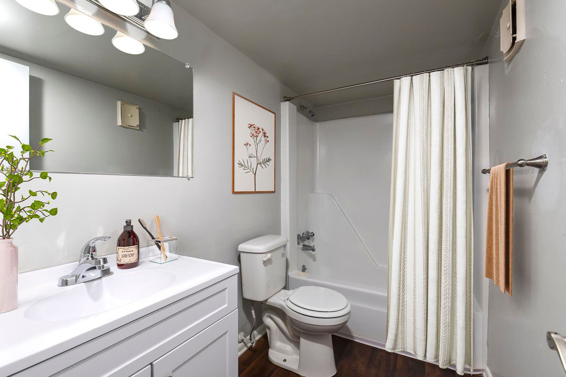 Bathroom with vanity, mirror, toilet, tub and shower curtain, framed art, and a plant at Chesapeake Pointe, offers apartments in Chesapeake, VA.